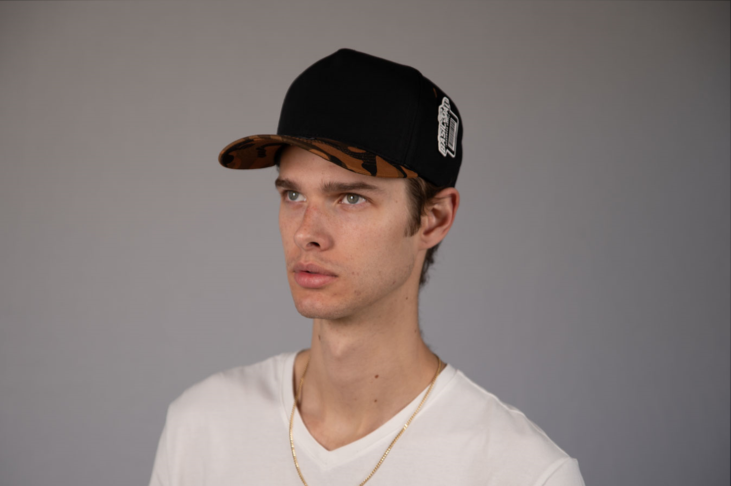 5-Panel Snapback (Curved Bill) — Black / Brown Camo Bill — Dozen Pack