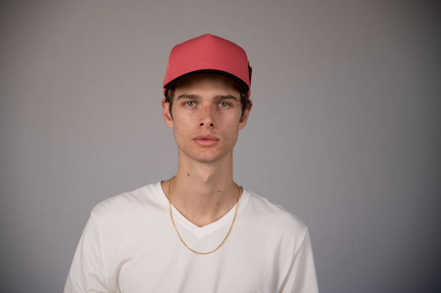 5-Panel Snapback (Curved Bill) — Coral / Black Bill — Dozen Pack