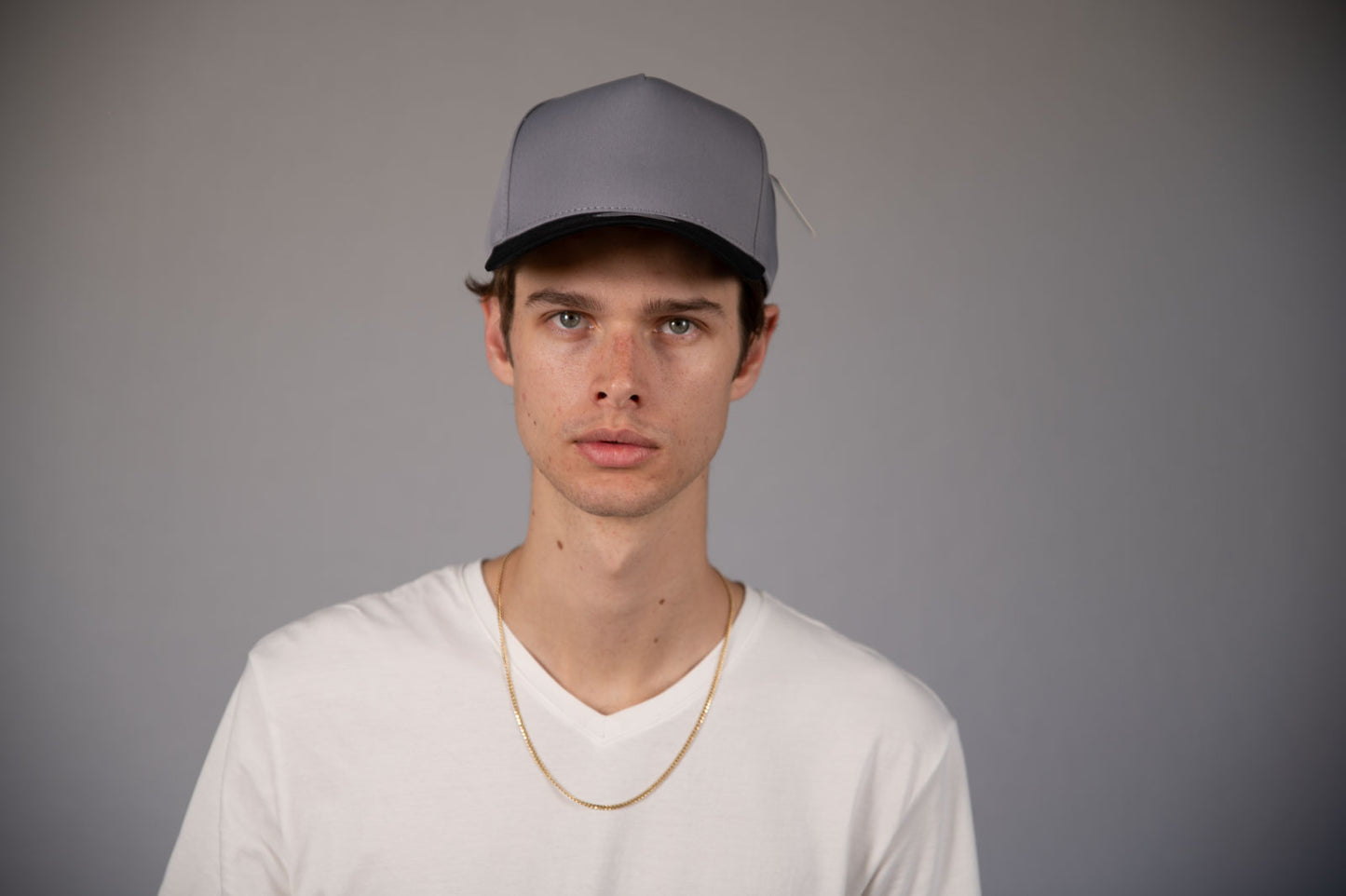 5-Panel Snapback (Curved Bill) — Light Grey / Black Bill — Dozen Pack