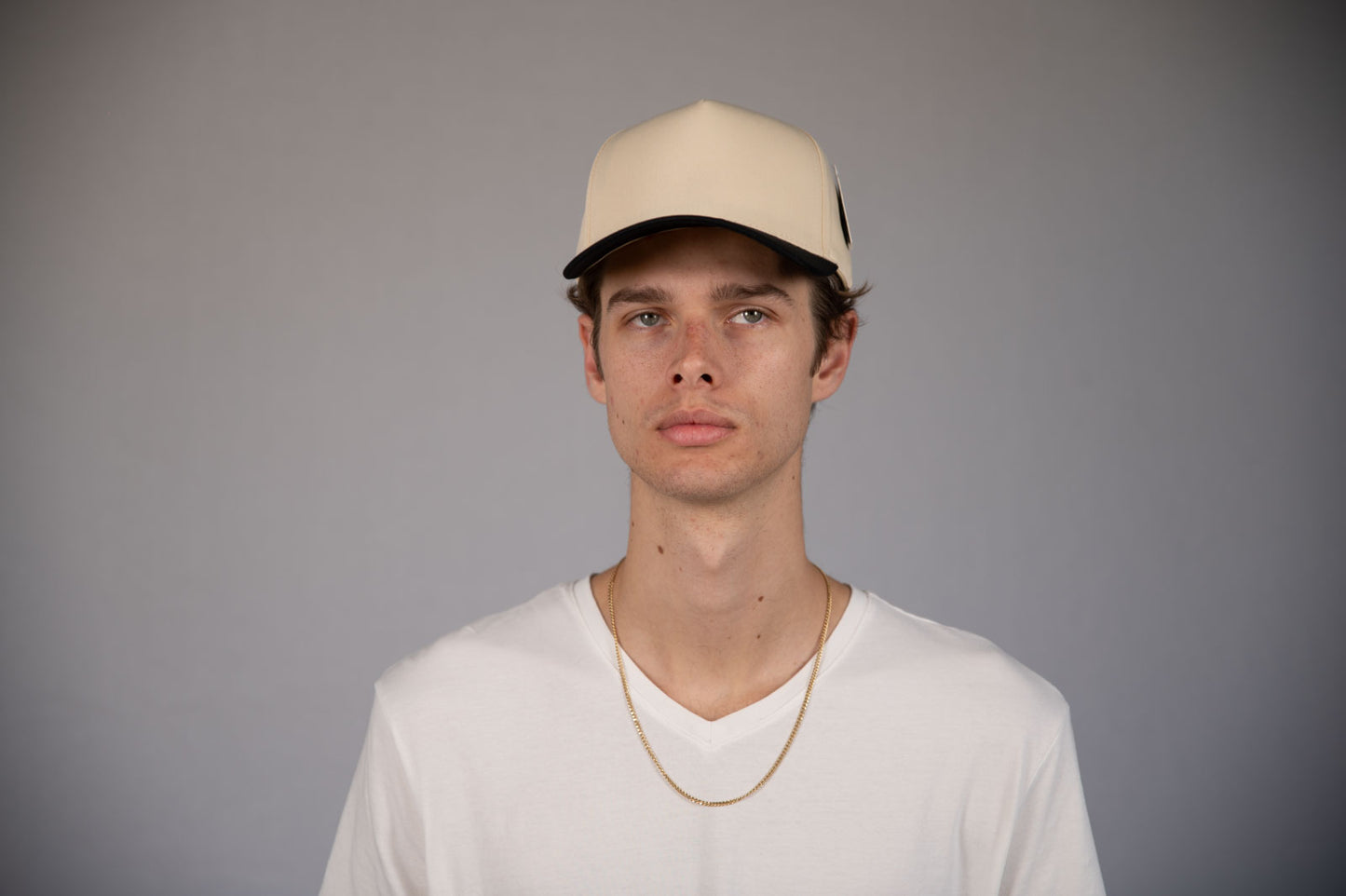 5-Panel Snapback (Curved Bill) — Natural / Black Bill — Dozen Pack