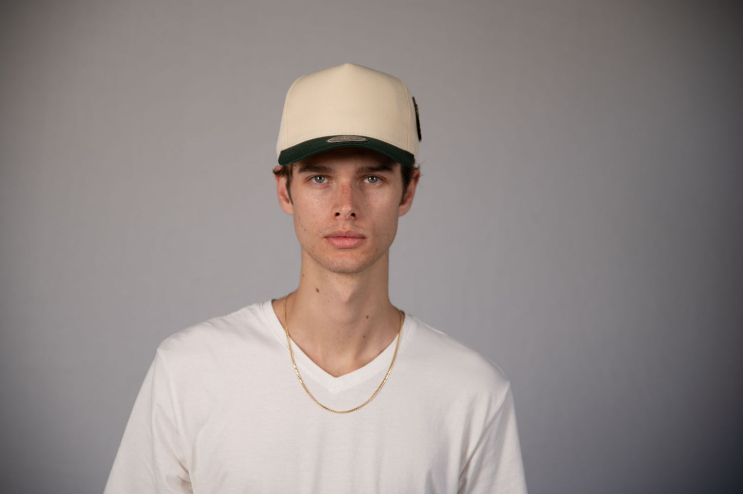 5-Panel Snapback (Curved Bill) — Natural / Dark Green Bill — Dozen Pack