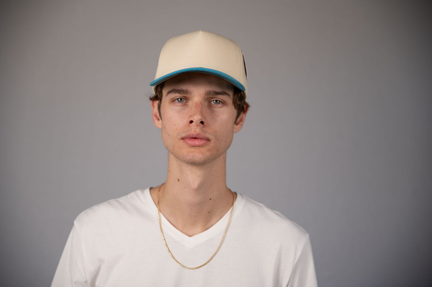 5-Panel Snapback (Curved Bill) — Natural / Light Blue Bill — Dozen Pack