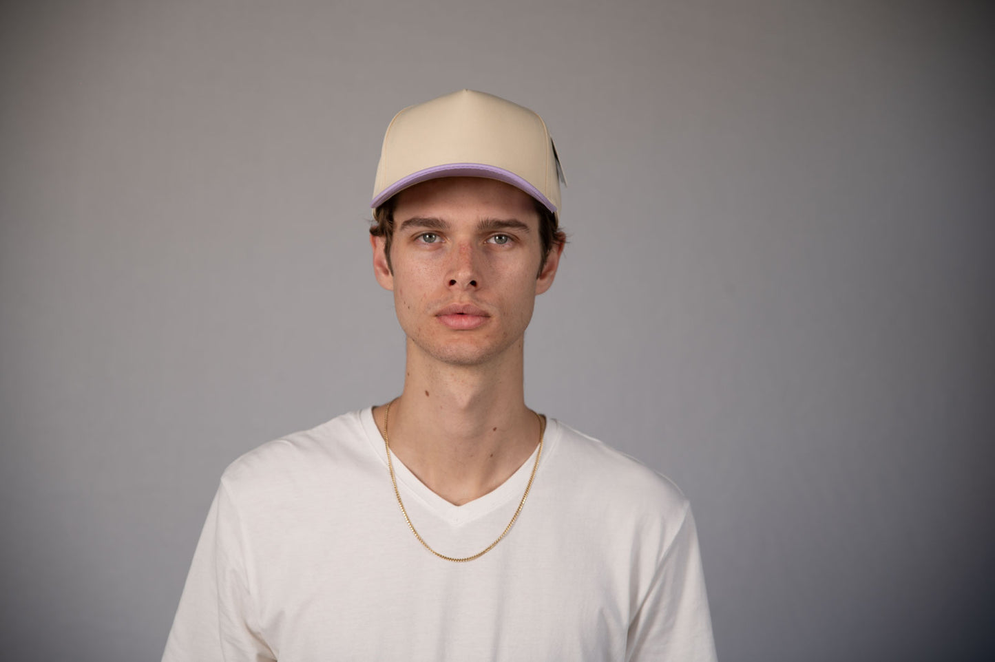 5-Panel Snapback (Curved Bill) — Natural / Light Purple Bill — Dozen Pack