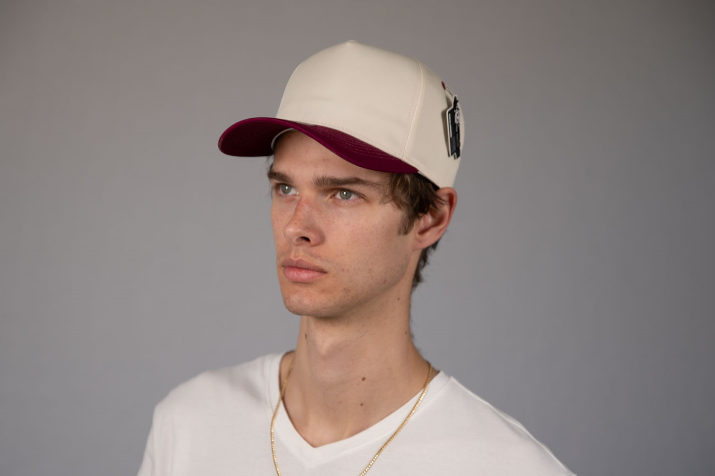 5-Panel Snapback (Curved Bill) — Natural / Maroon Bill — Dozen Pack