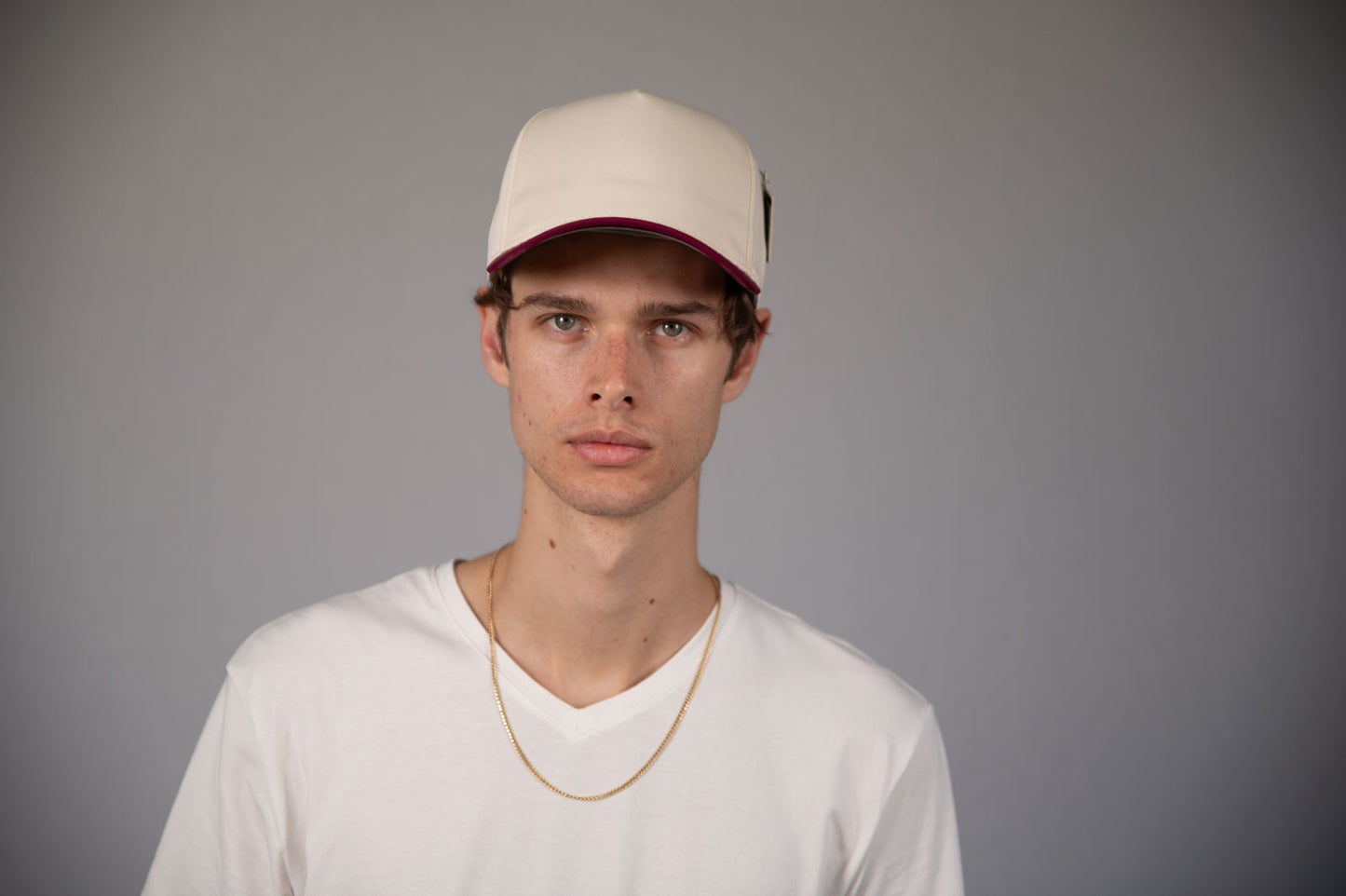 5-Panel Snapback (Curved Bill) — Natural / Maroon Bill — Dozen Pack