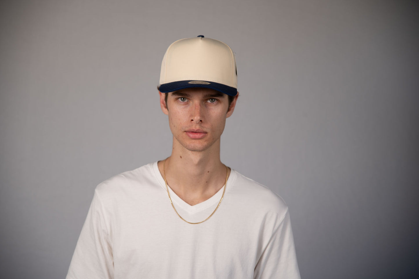 5-Panel Snapback (Curved Bill) — Natural / Navy Bill — Dozen Pack