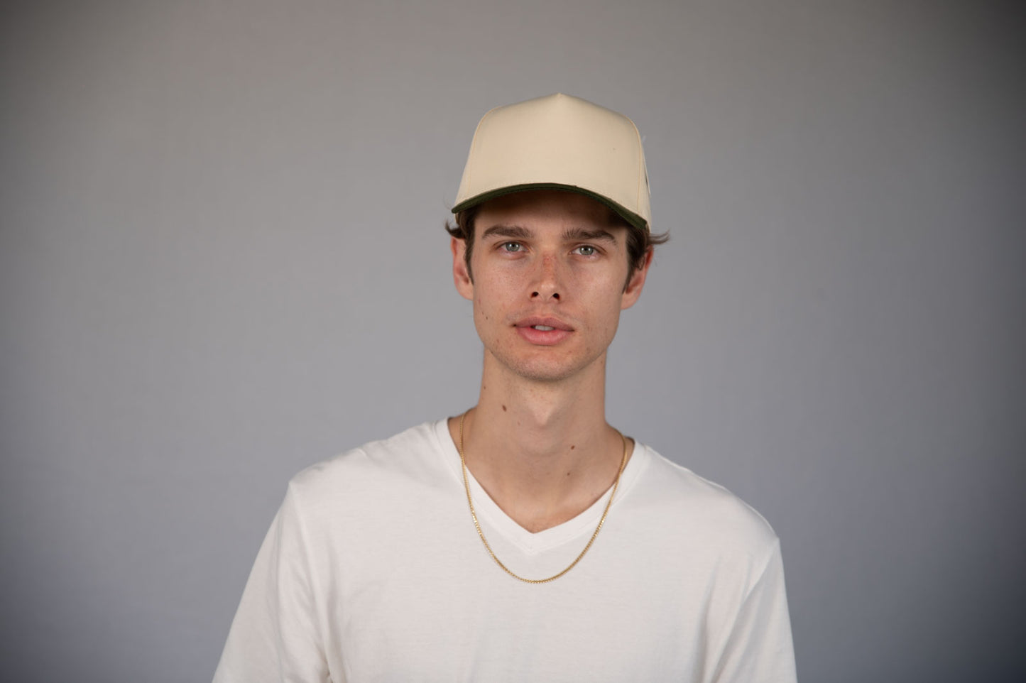 5-Panel Snapback (Curved Bill) — Natural / Olive Bill — Dozen Pack