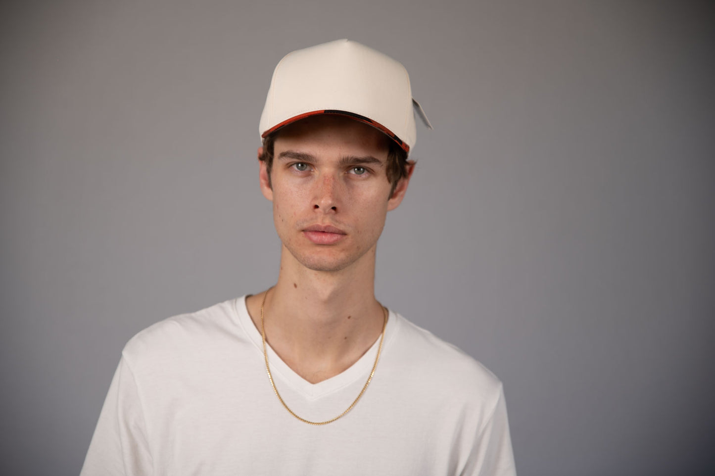 5-Panel Snapback (Curved Bill) — Natural / Orange Camo Bill — Dozen Pack