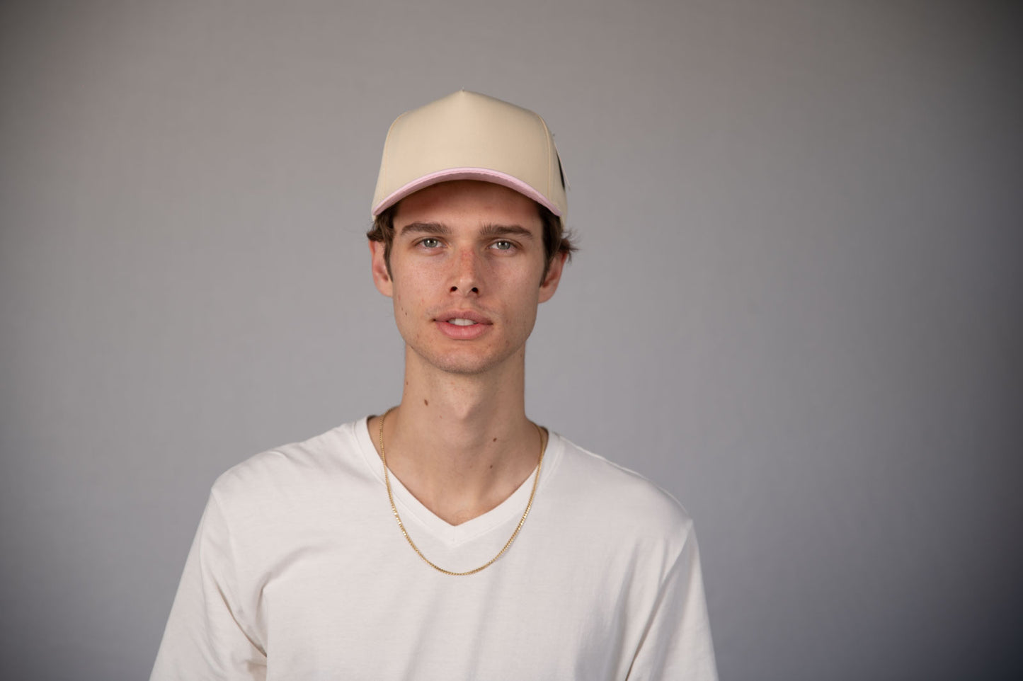 5-Panel Snapback (Curved Bill) — Natural / Pink Bill — Dozen Pack