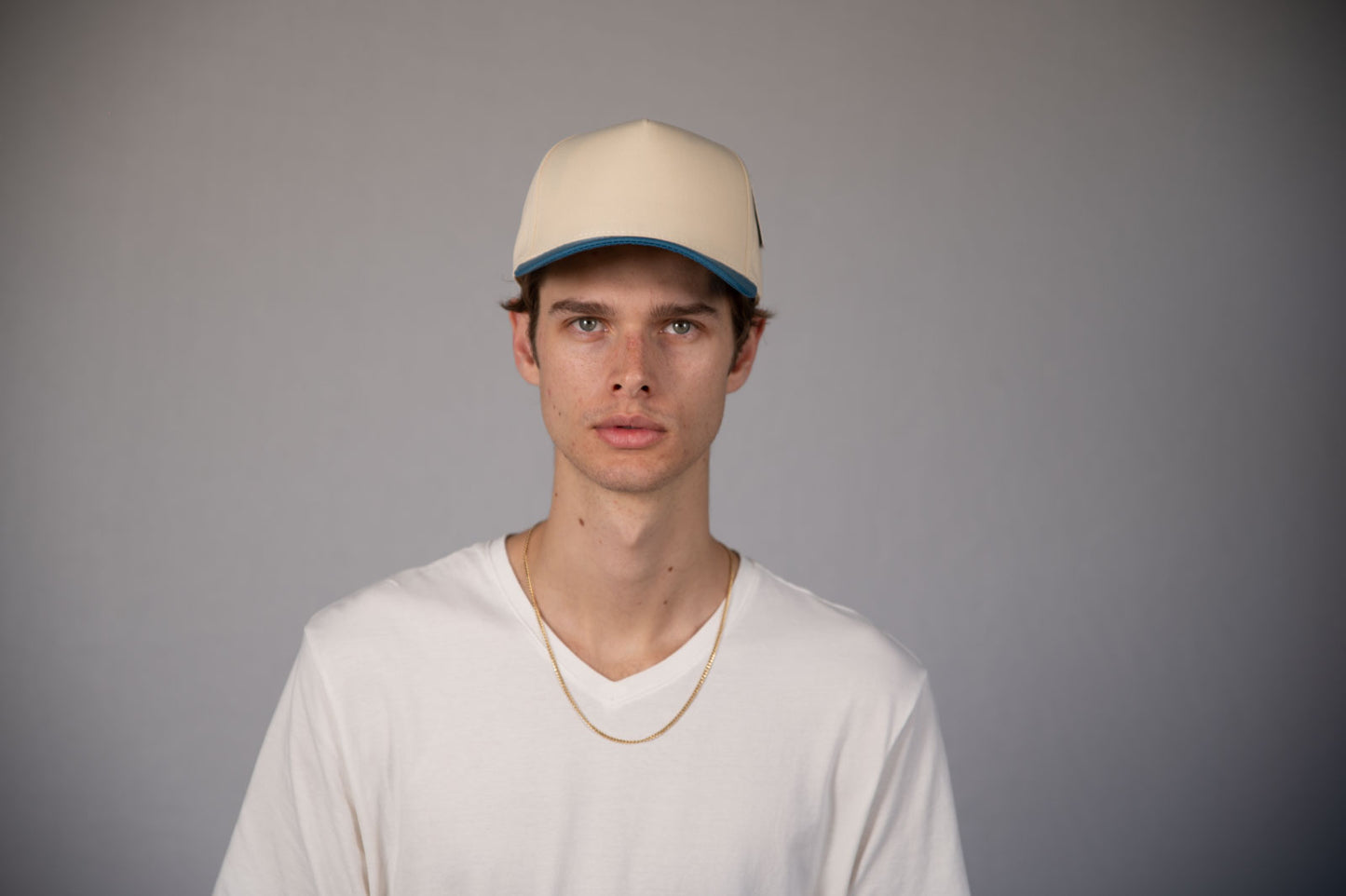 5-Panel Snapback (Curved Bill) — Natural / Turquoise Bill — Dozen Pack