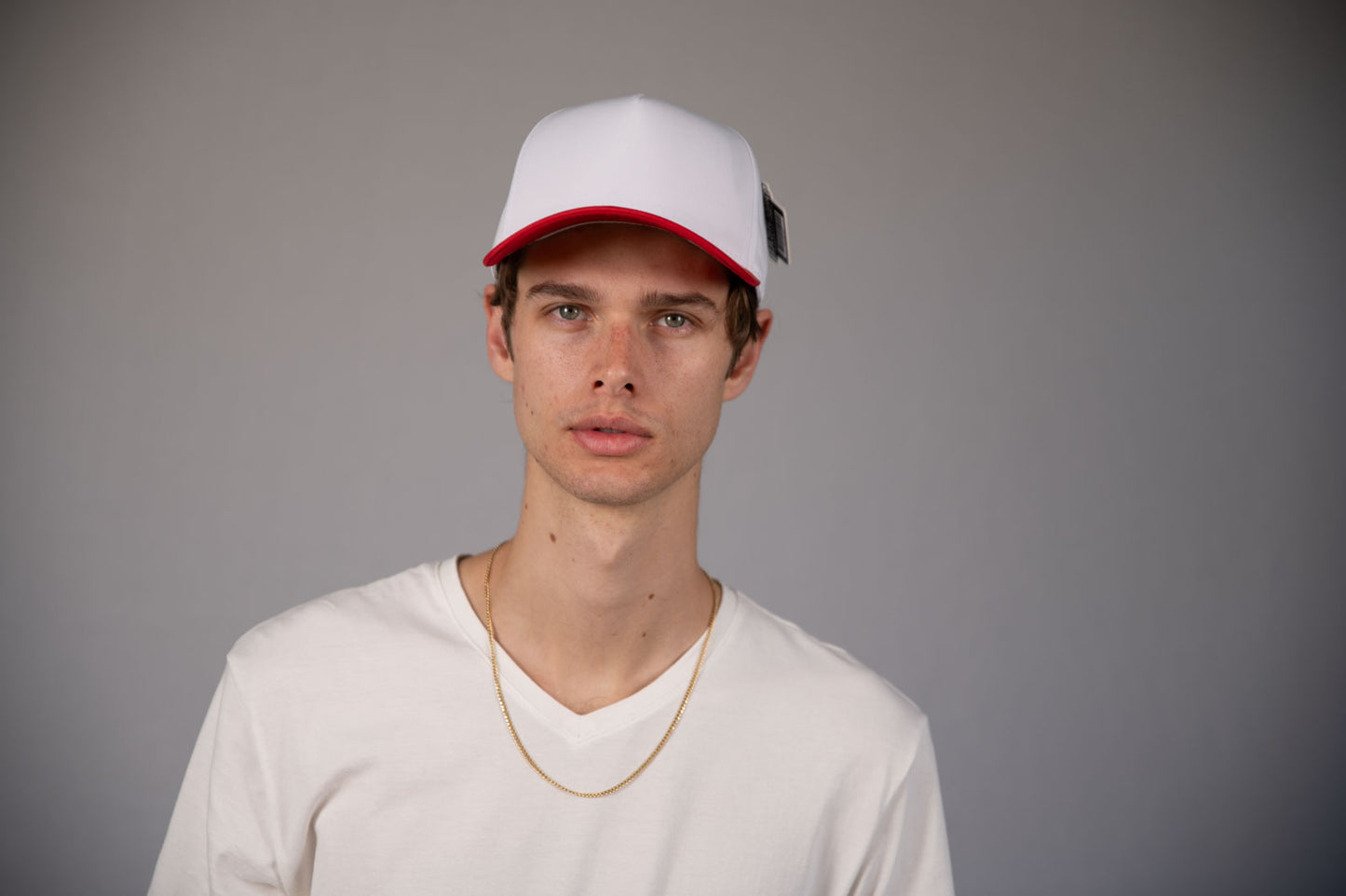 5-Panel Snapback (Curved Bill) — White / Red Bill — Dozen Pack