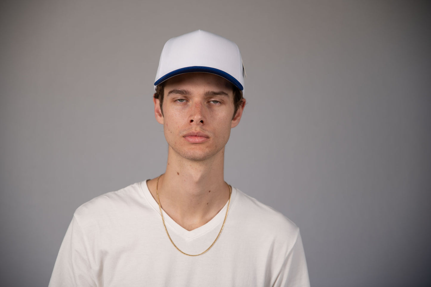 5-Panel Snapback (Curved Bill) — White / Royal Blue Bill — Dozen Pack