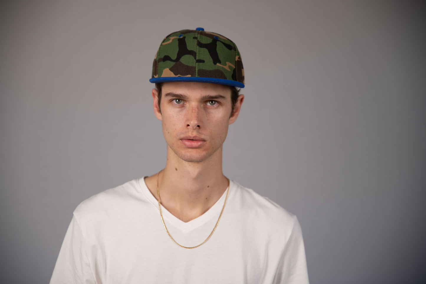 6-Panel Snapback (Flat Bill) — Camo / Royal Blue Bill — Dozen Pack