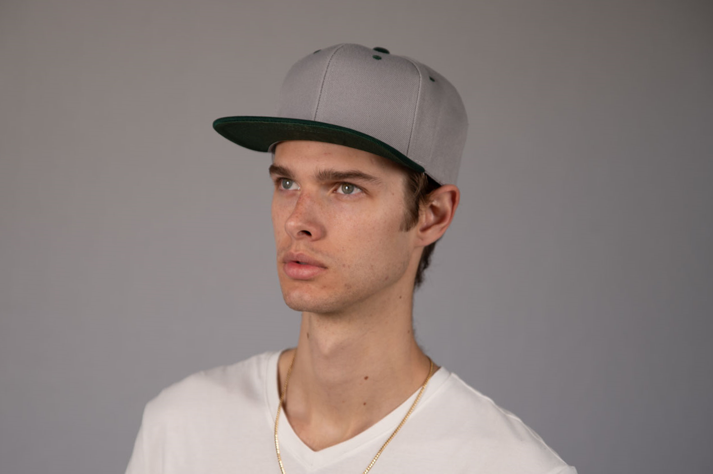 6-Panel Snapback (Flat Bill) — Light Grey / Dark Green Bill — Dozen Pack