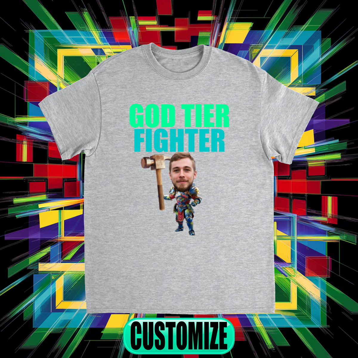 CUSTOM FIGHTING CHARACTER T-SHIRT (KNIGHT W/ HAMMER)