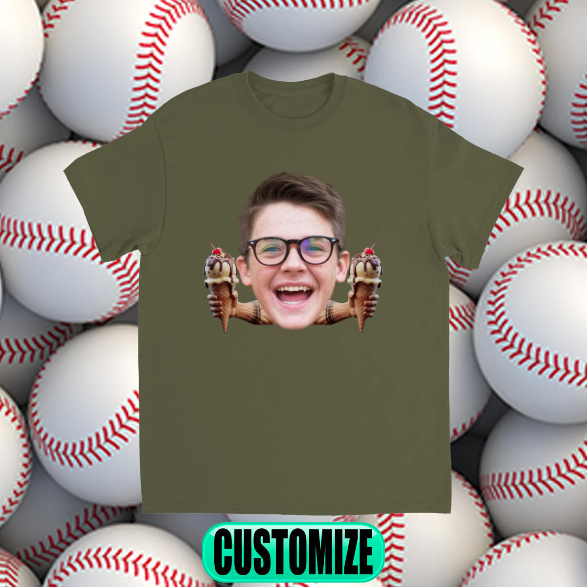 CUSTOM FACE W/ ARMS T-SHIRT (ICE CREAM)