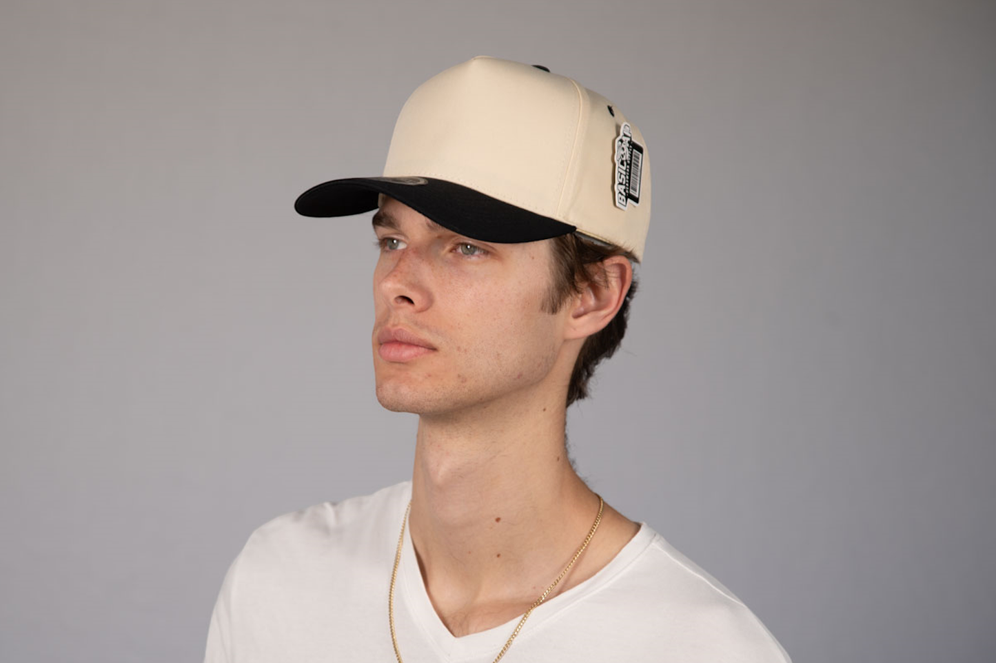 5-Panel Snapback (Curved Bill) — Natural / Black Bill — Dozen Pack