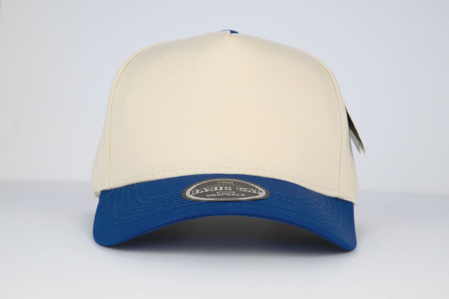 5-Panel Snapback (Curved Bill) — Natural / Blue Bill — Dozen Pack