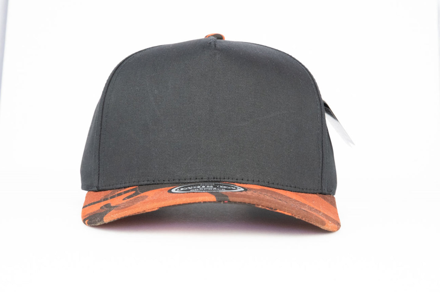 5-Panel Snapback (Curved Bill) — Black / Orange Camo Bill — Dozen Pack