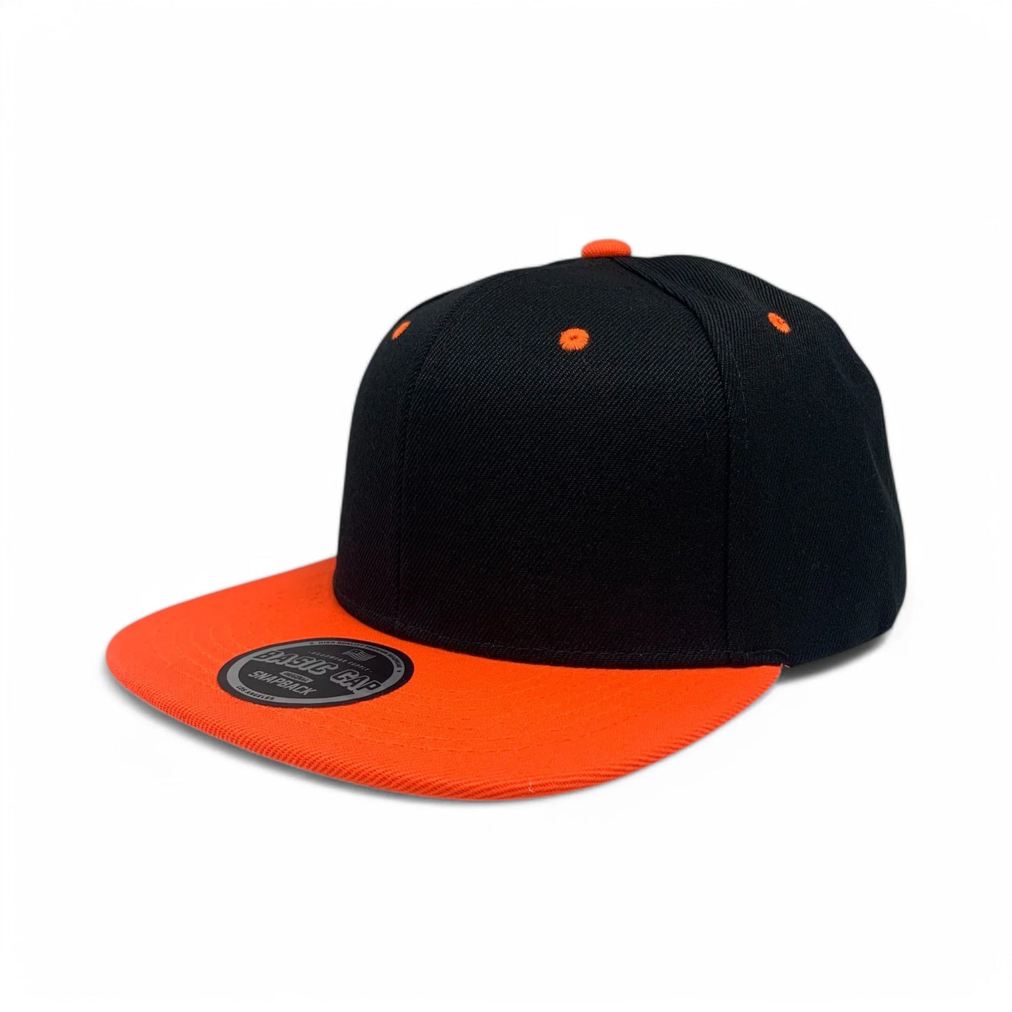 6-Panel Snapback (Flat Bill) — Black / Orange Bill — Dozen Pack