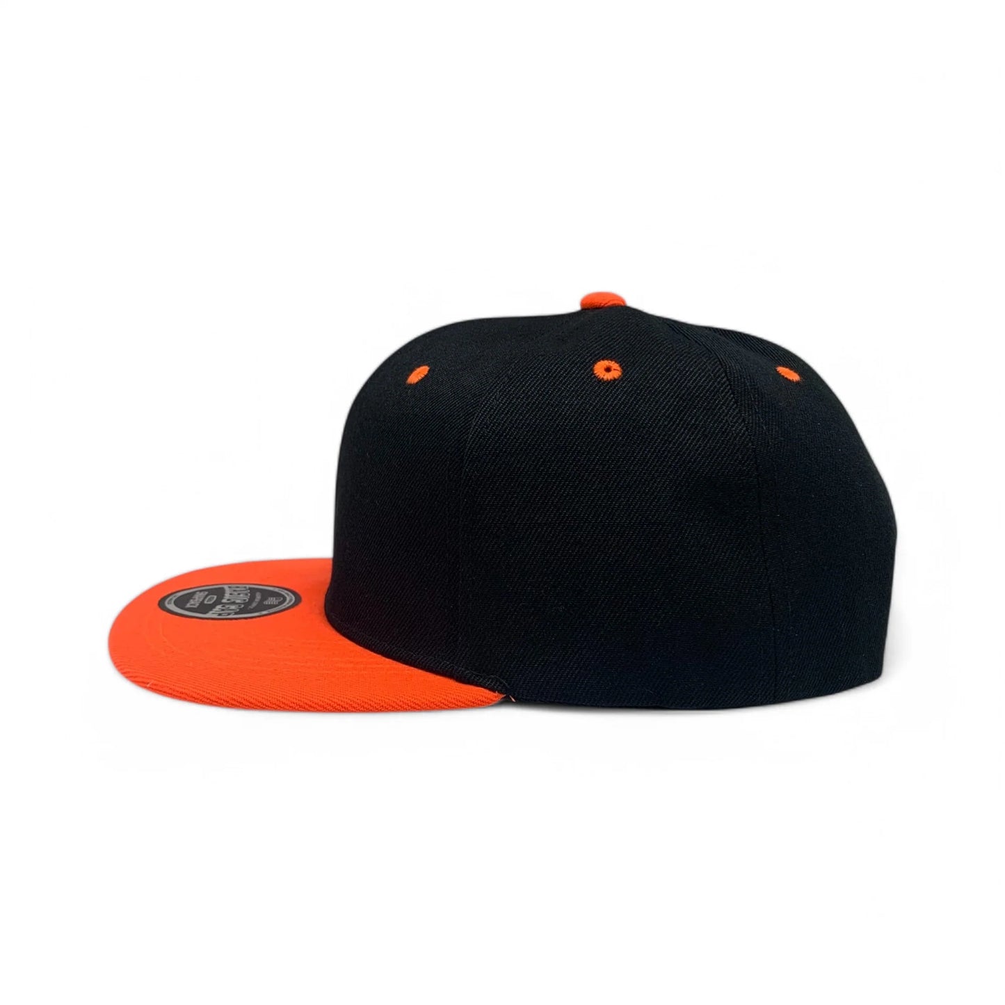 6-Panel Snapback (Flat Bill) — Black / Orange Bill — Dozen Pack