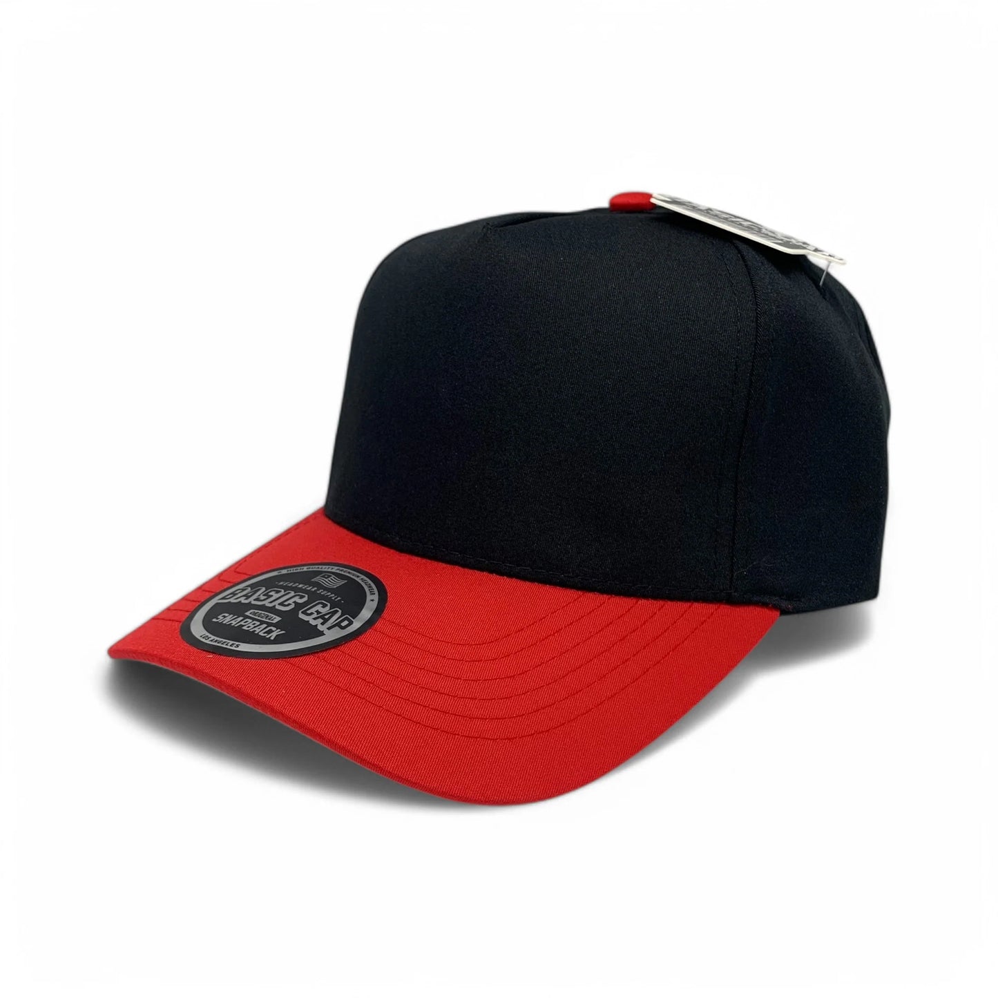 5-Panel Snapback (Curved Bill) — Black / Red Bill — Dozen Pack