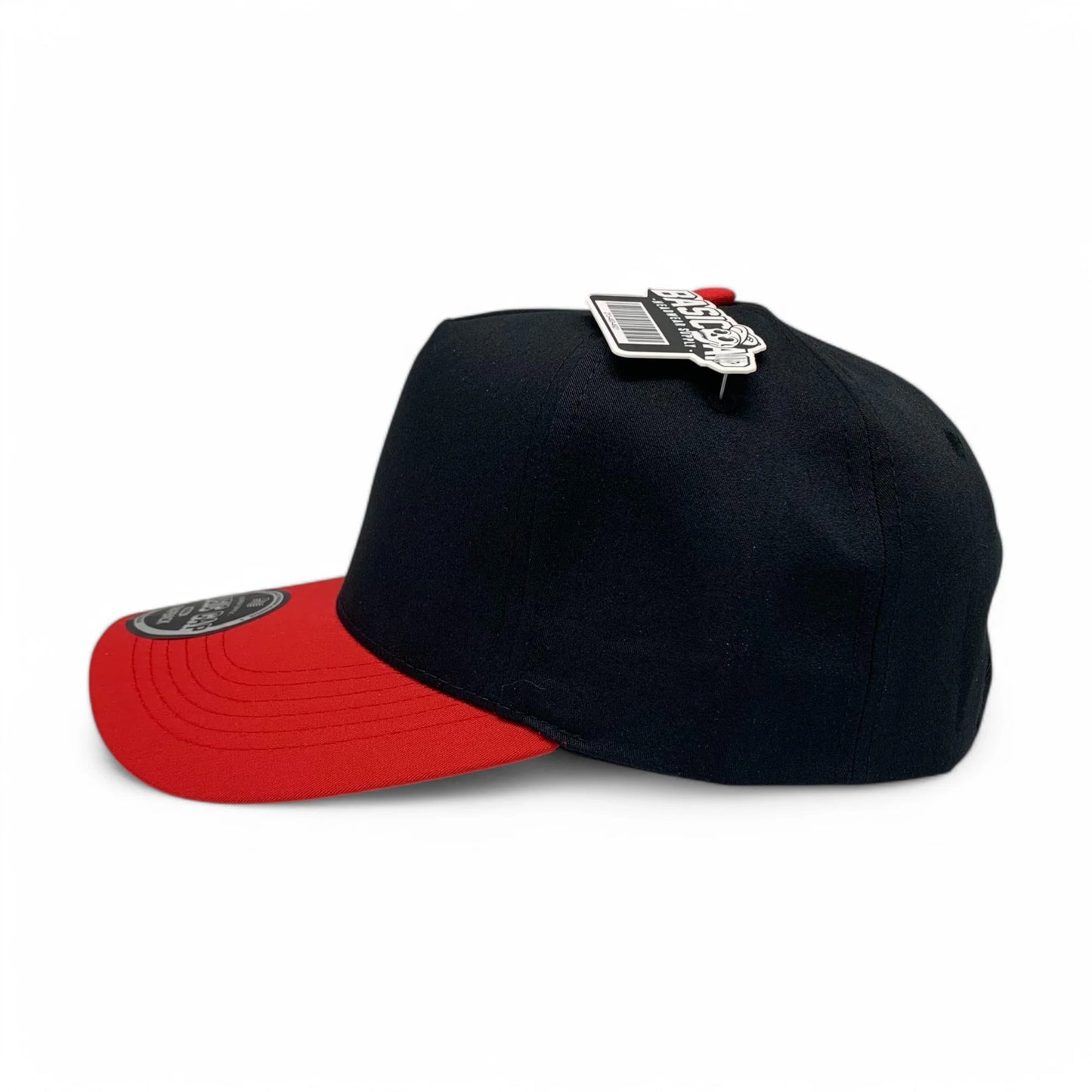 5-Panel Snapback (Curved Bill) — Black / Red Bill — Dozen Pack