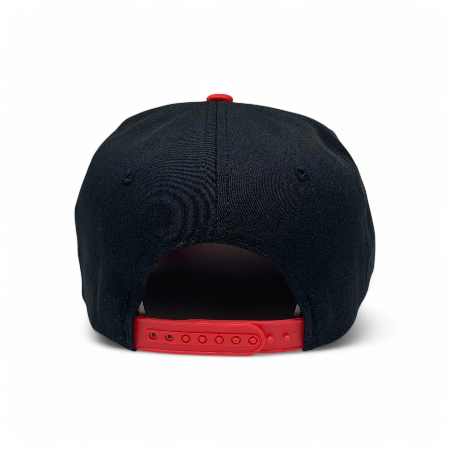 5-Panel Snapback (Curved Bill) — Black / Red Bill — Dozen Pack
