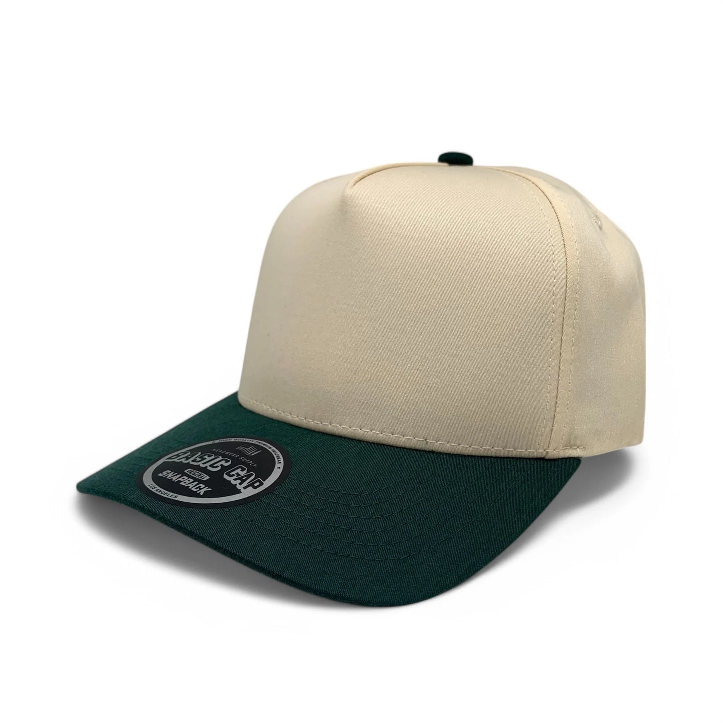 5-Panel Snapback (Curved Bill) — Natural / Dark Green Bill — Dozen Pack