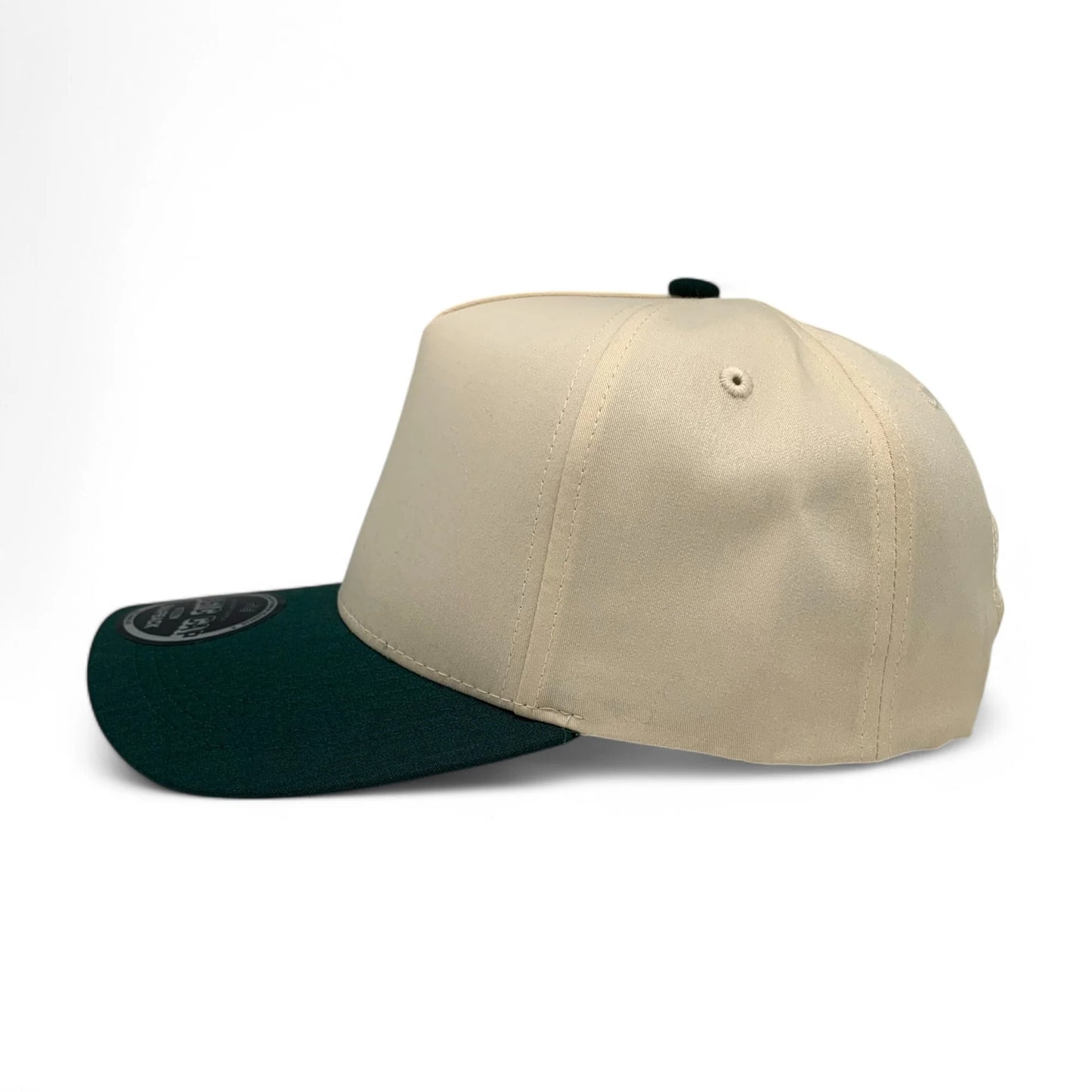 5-Panel Snapback (Curved Bill) — Natural / Dark Green Bill — Dozen Pack