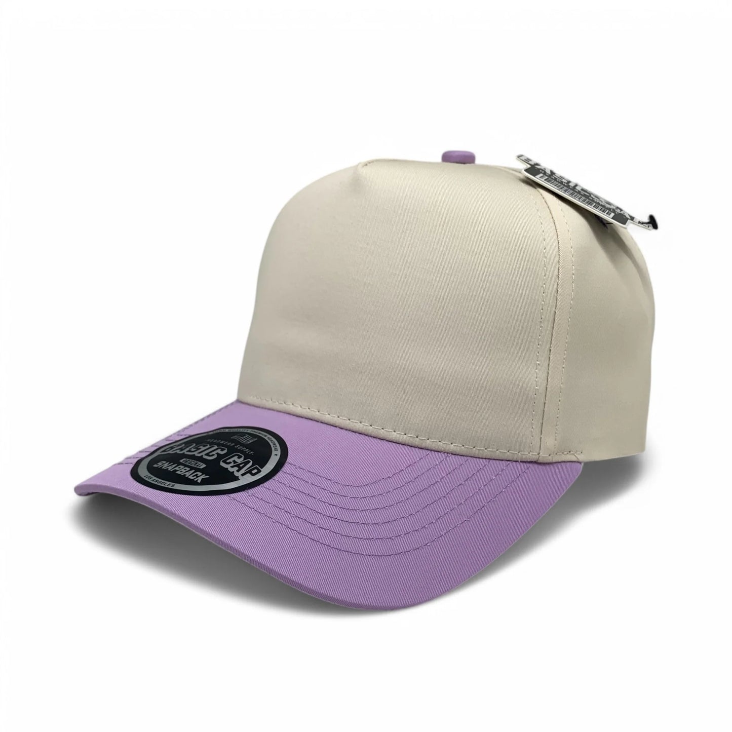 5-Panel Snapback (Curved Bill) — Natural / Light Purple Bill — Dozen Pack