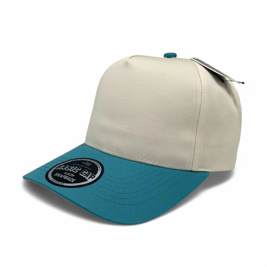 5-Panel Snapback (Curved Bill) — Natural / Light Blue Bill — Dozen Pack