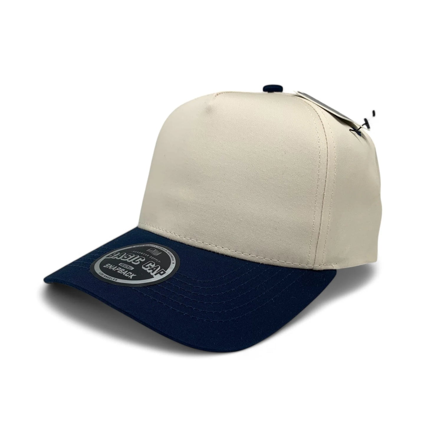 5-Panel Snapback (Curved Bill) — Natural / Navy Bill — Dozen Pack