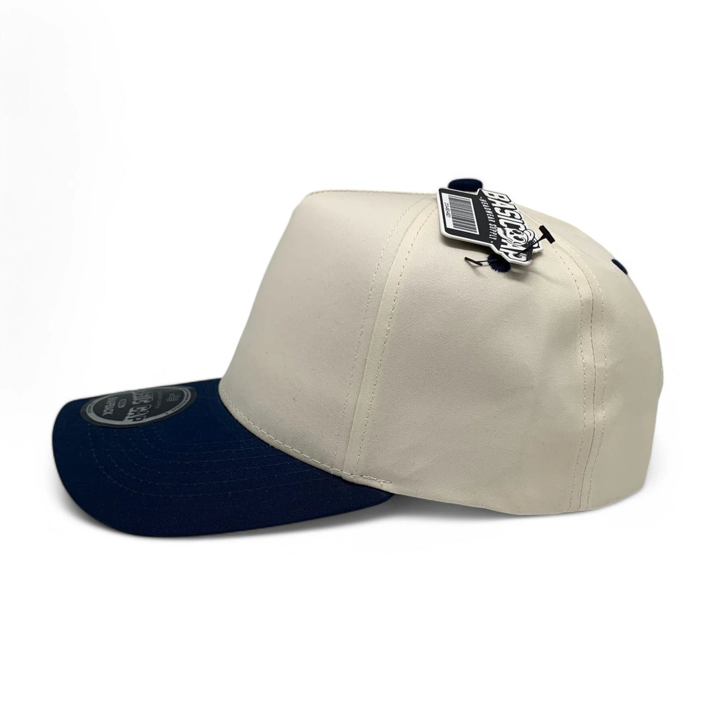 5-Panel Snapback (Curved Bill) — Natural / Navy Bill — Dozen Pack