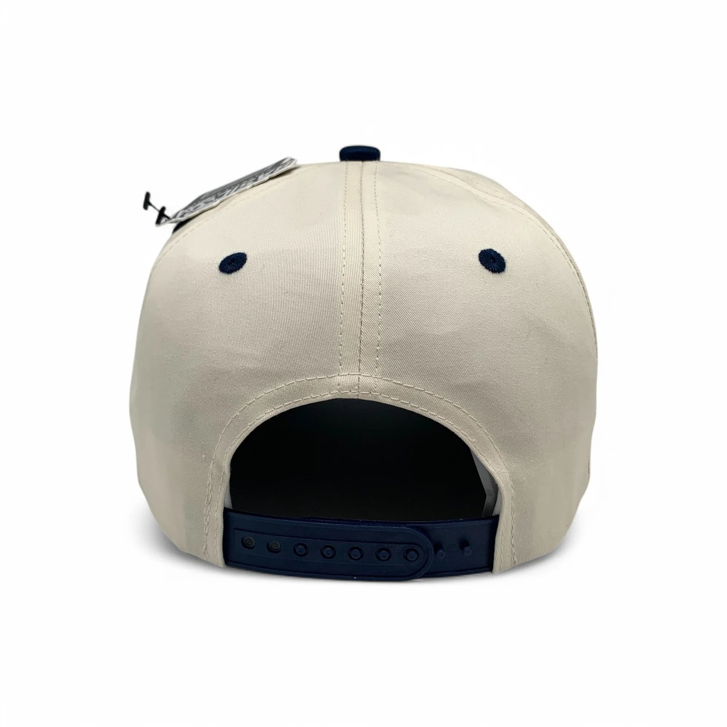 5-Panel Snapback (Curved Bill) — Natural / Navy Bill — Dozen Pack