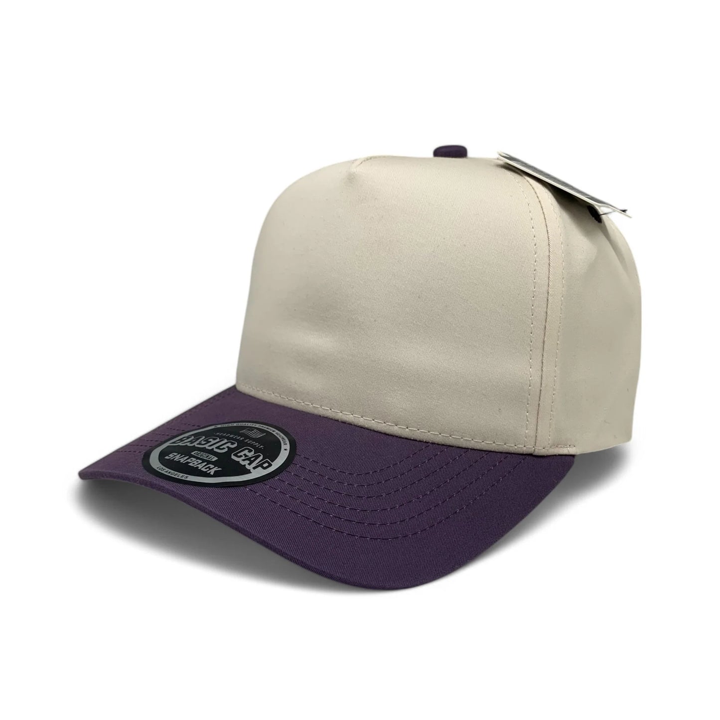 5-Panel Snapback (Curved Bill) — Natural / Dark Purple Bill — Dozen Pack