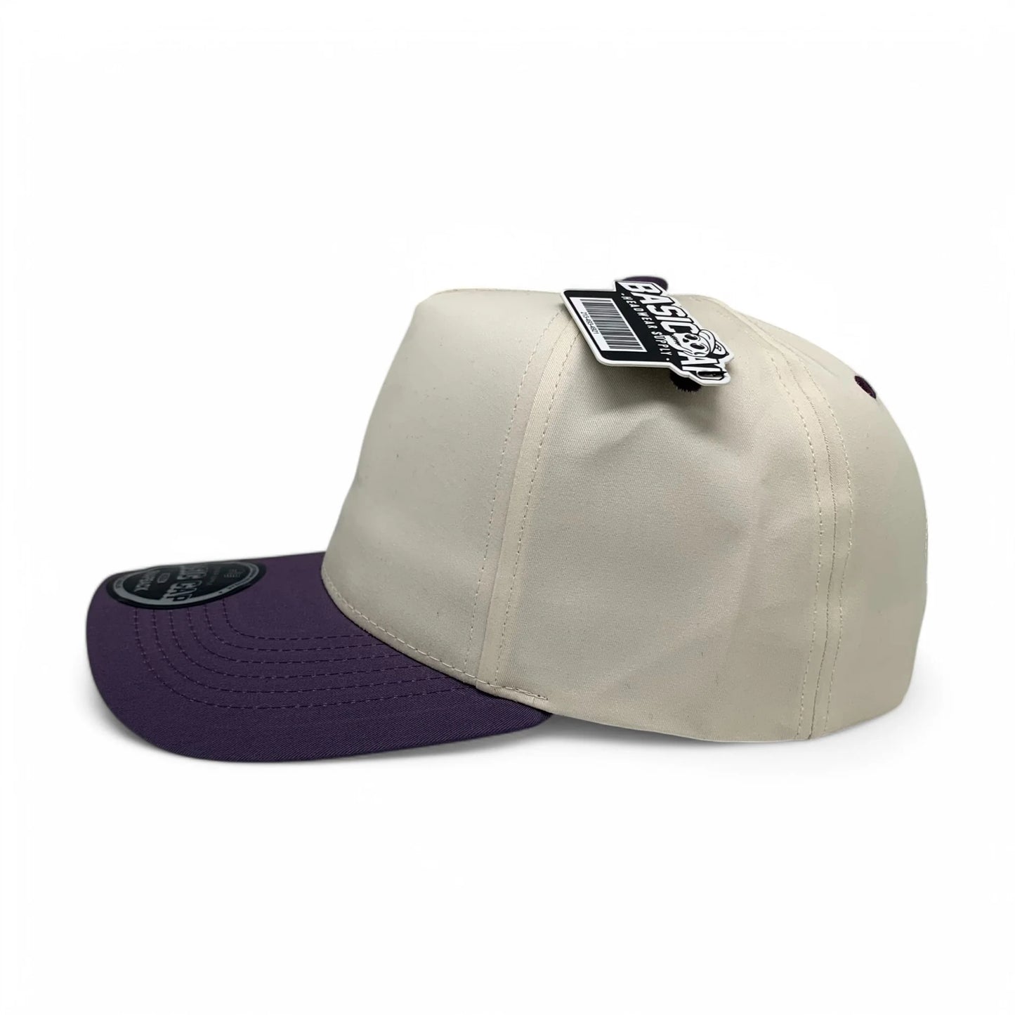 5-Panel Snapback (Curved Bill) — Natural / Dark Purple Bill — Dozen Pack
