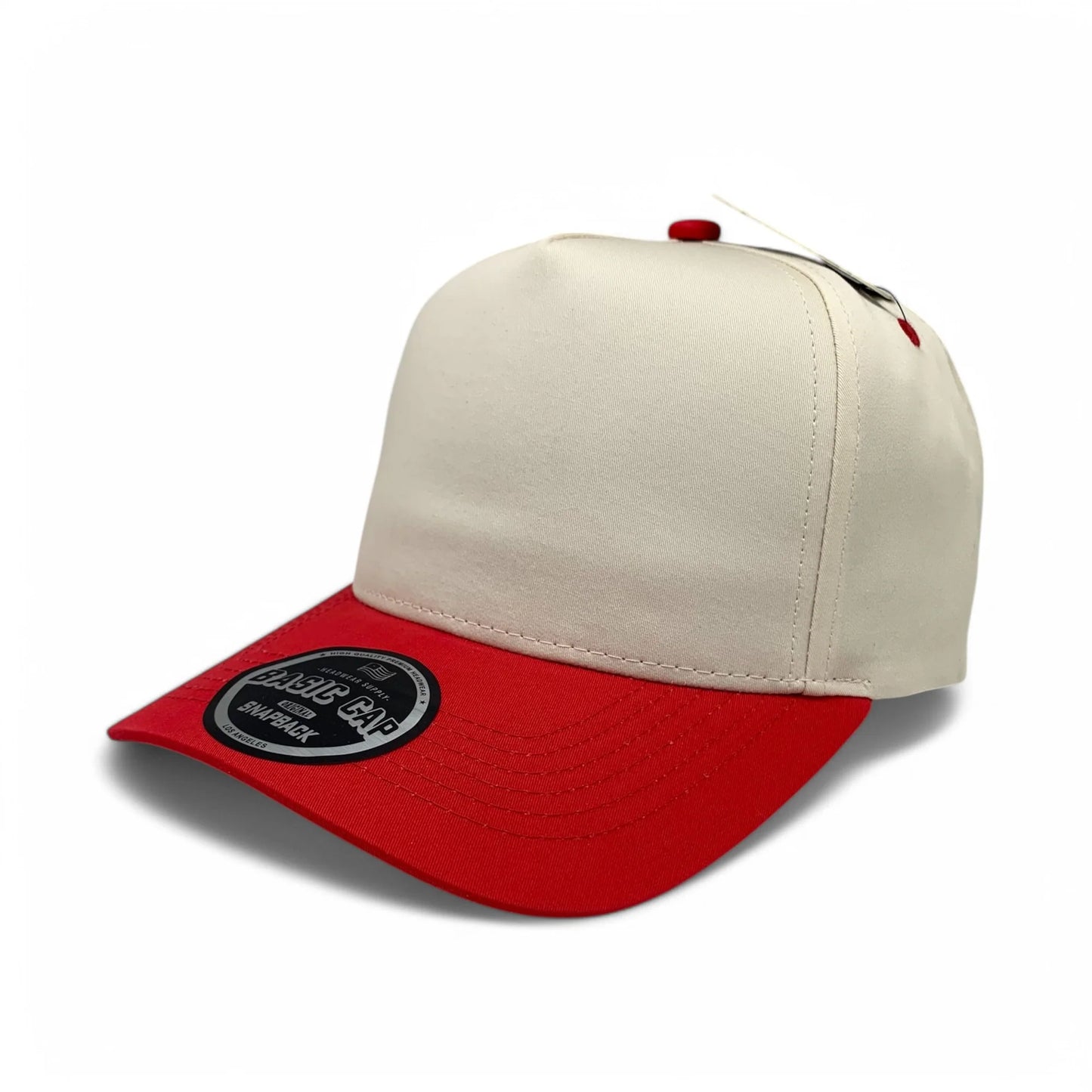 5-Panel Snapback (Curved Bill) — Natural / Red Bill — Dozen Pack