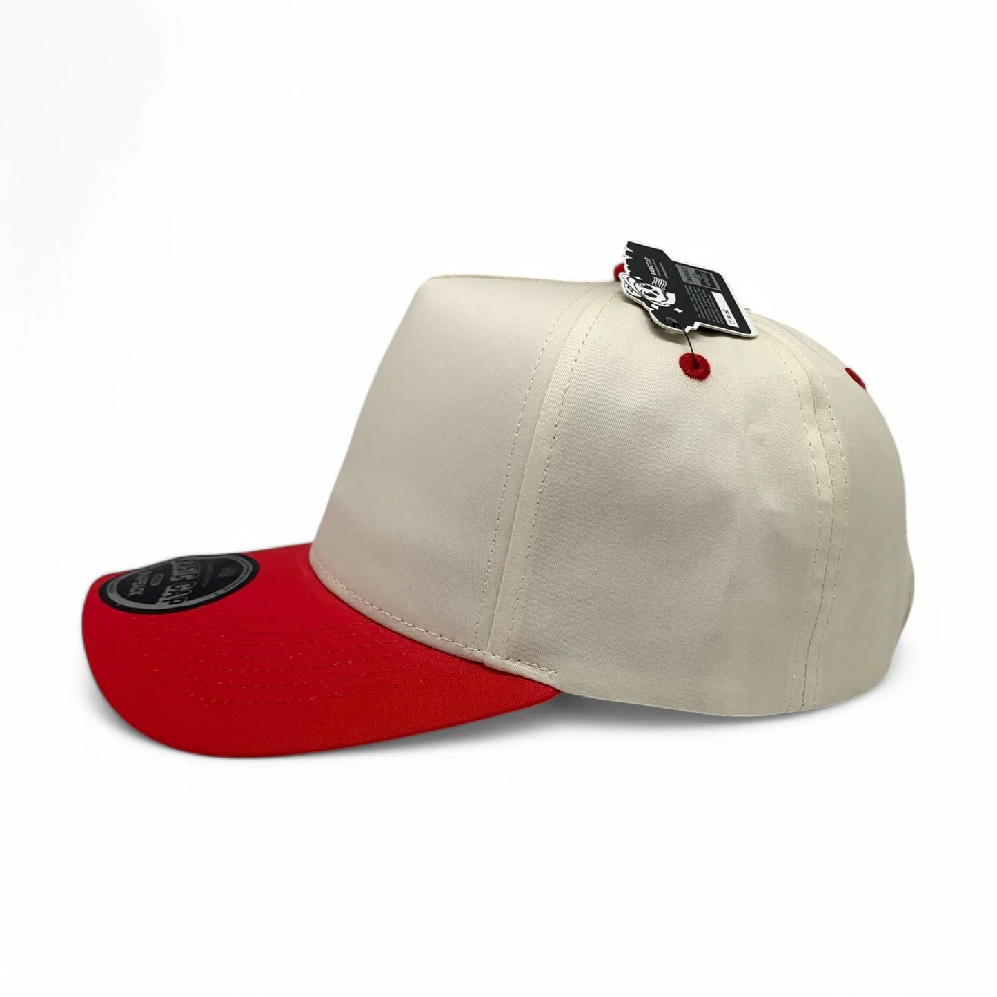 5-Panel Snapback (Curved Bill) — Natural / Red Bill — Dozen Pack