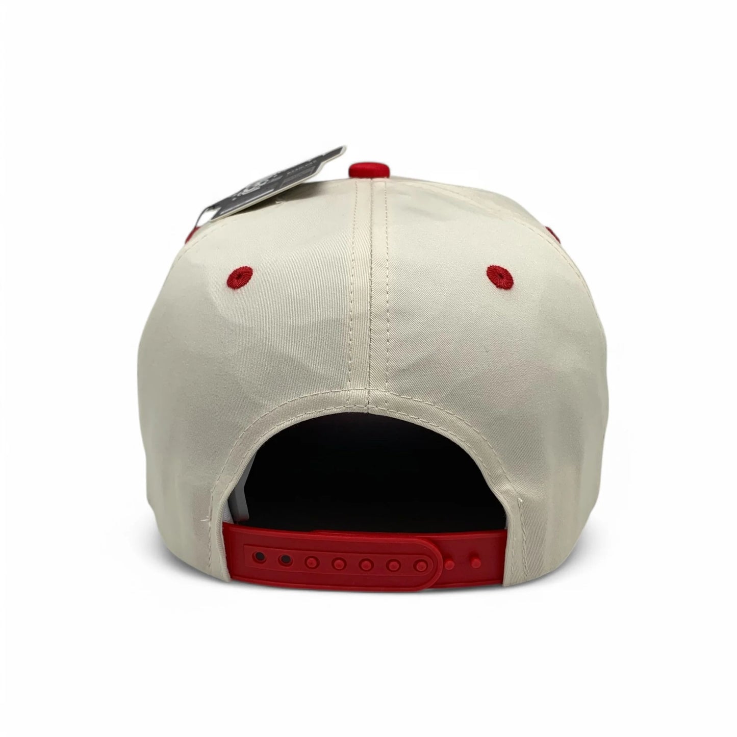 5-Panel Snapback (Curved Bill) — Natural / Red Bill — Dozen Pack