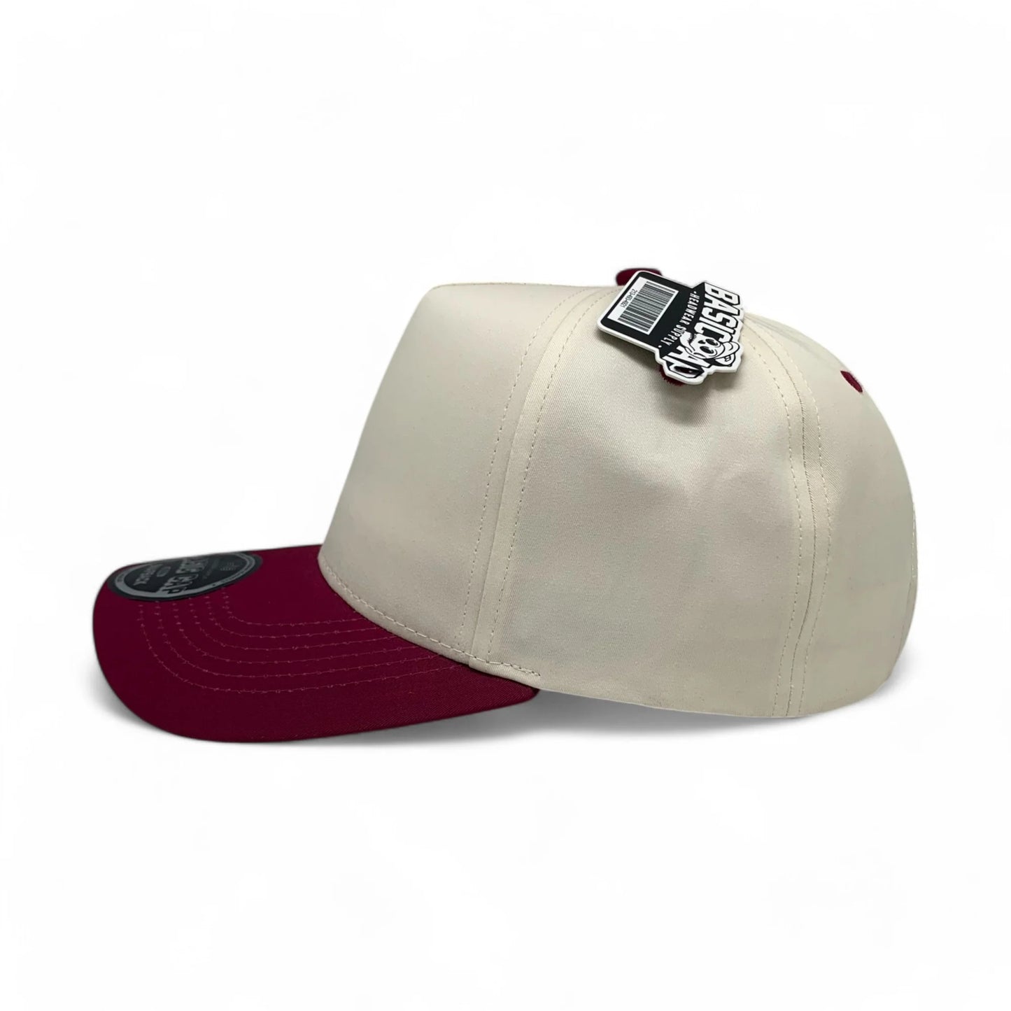 5-Panel Snapback (Curved Bill) — Natural / Maroon Bill — Dozen Pack