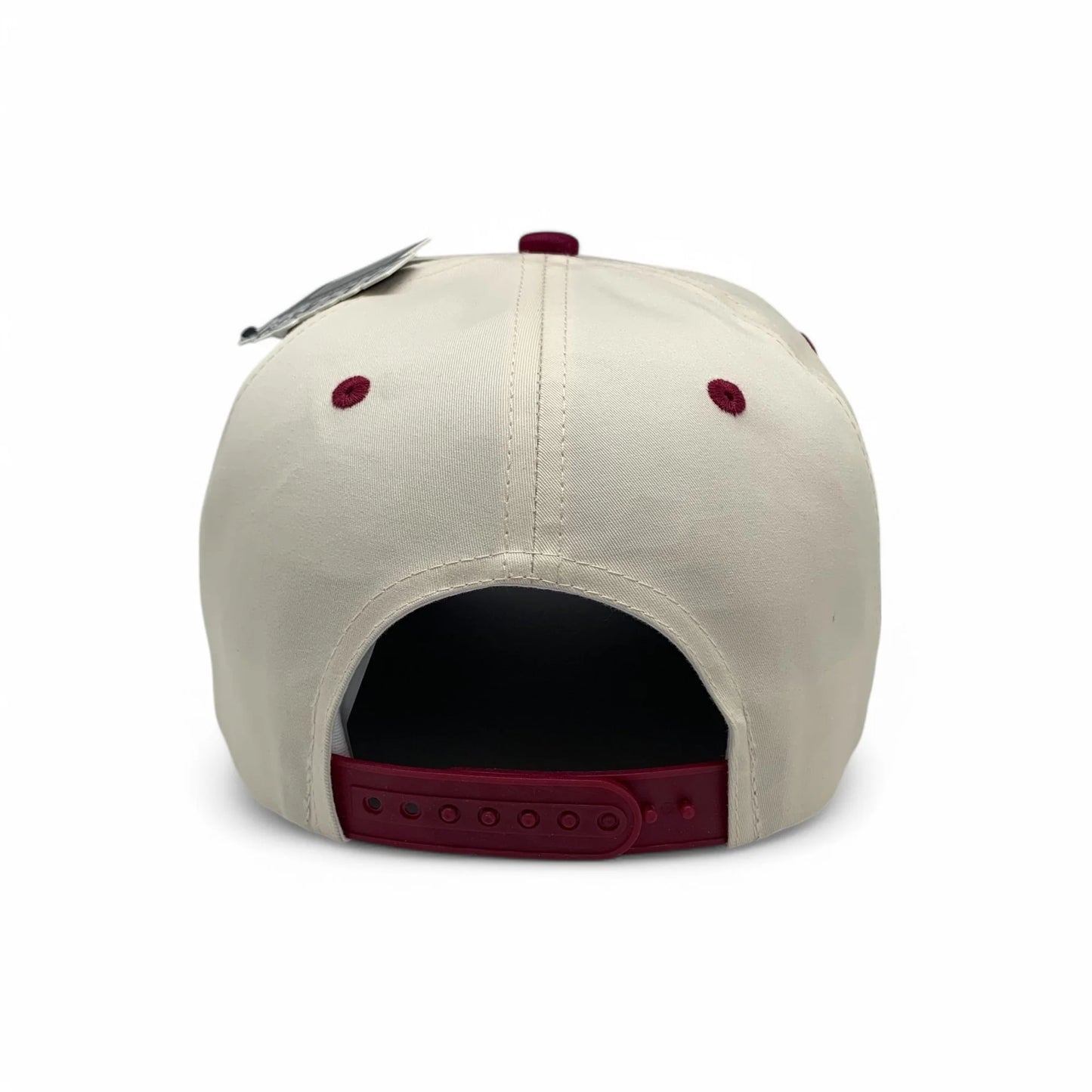 5-Panel Snapback (Curved Bill) — Natural / Maroon Bill — Dozen Pack