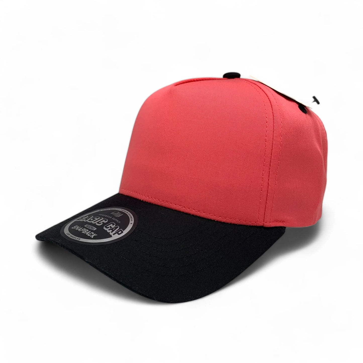 5-Panel Snapback (Curved Bill) — Coral / Black Bill — Dozen Pack