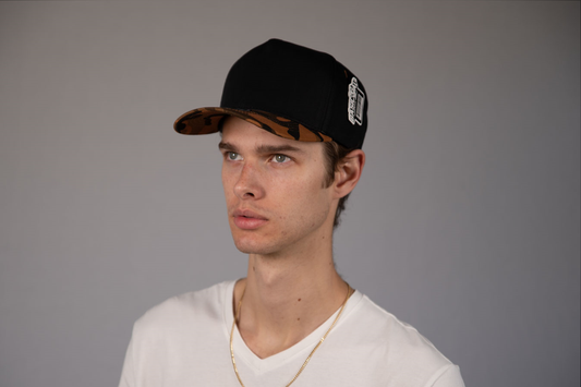 5-Panel Snapback (Curved Bill) — Black / Brown Camo Bill — Dozen Pack