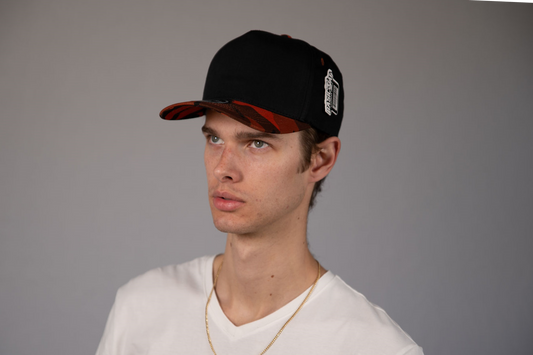 5-Panel Snapback (Curved Bill) — Black / Orange Camo Bill — Dozen Pack