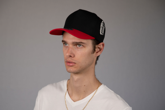 5-Panel Snapback (Curved Bill) — Black / Red Bill — Dozen Pack