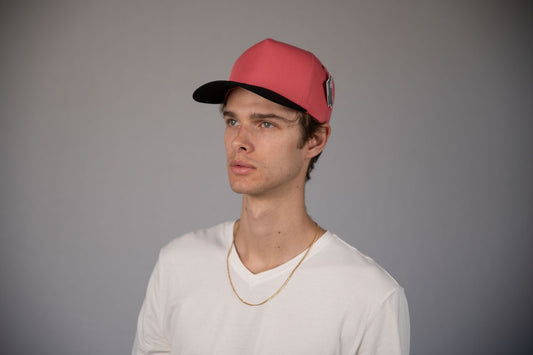 5-Panel Snapback (Curved Bill) — Coral / Black Bill — Dozen Pack