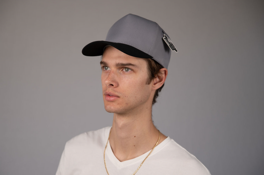 5-Panel Snapback (Curved Bill) — Light Grey / Black Bill — Dozen Pack