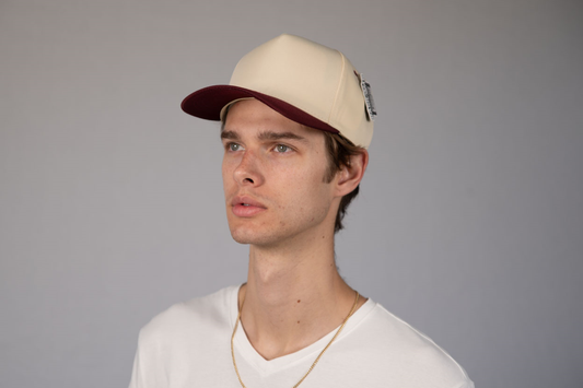 5-Panel Snapback (Curved Bill) — Natural / Burgundy Bill — Dozen Pack
