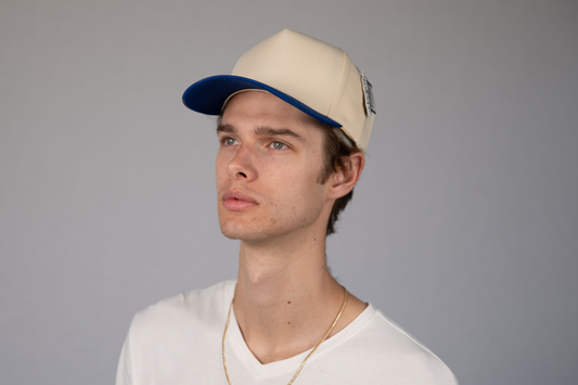 5-Panel Snapback (Curved Bill) — Natural / Blue Bill — Dozen Pack